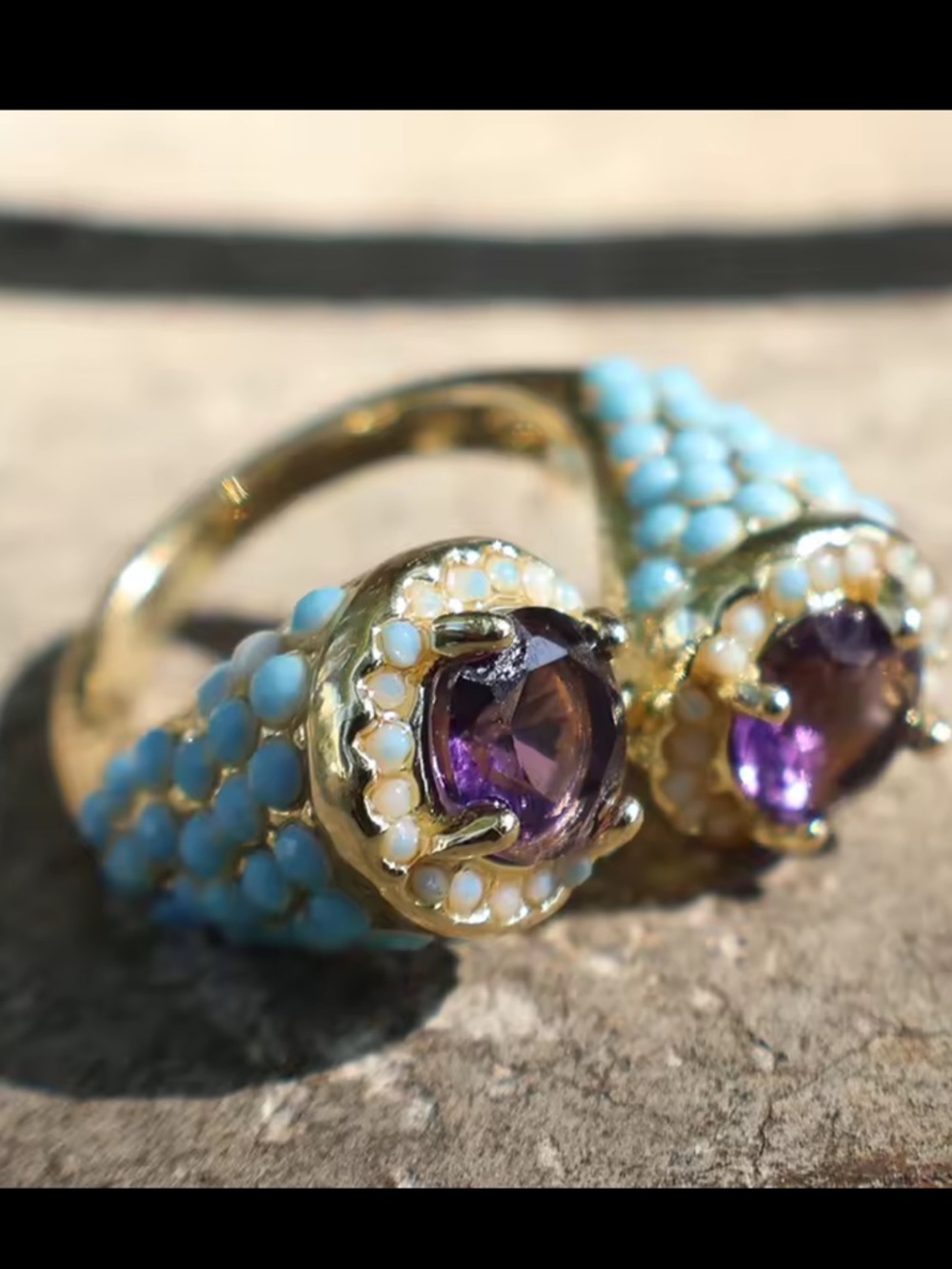 Golden Corn Ring with Purple CZ Centerstone and Turquoise Bead Accents